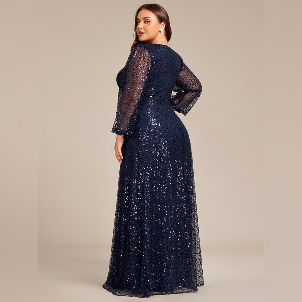 🆕 Plus Size V-Neck Lantern Long Sleeve Sequin A-Line Evening Dress - Picture 2 of 3